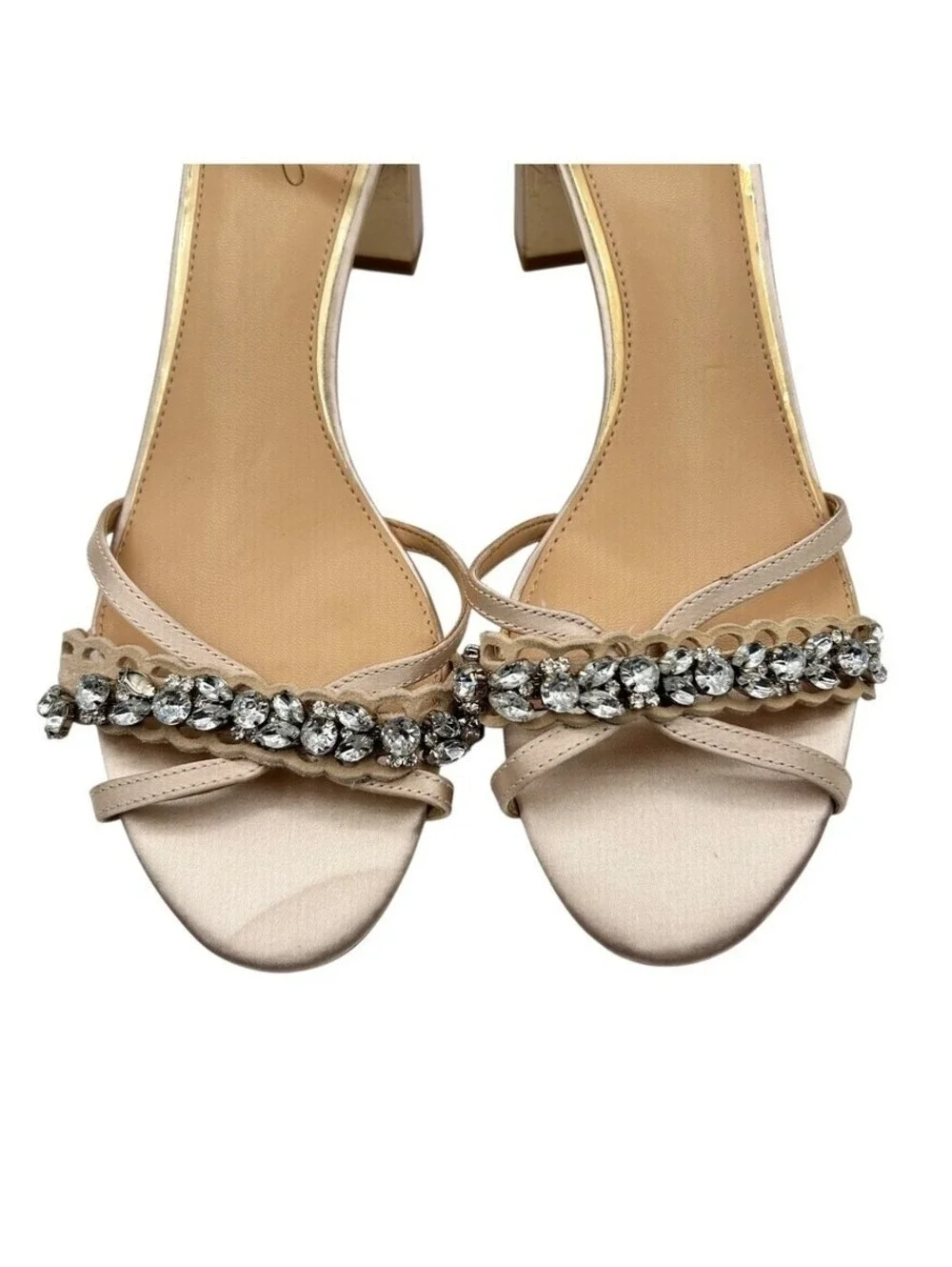 Jewel Badgley Mischka Champagne Satin Crystal Embellished Block Heels Size 8.5